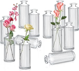 Photo 1 of 12 Pcs Glass Bud Vases, Clear Vases for Centerpiece Glass Vertical Stripes Bottles Ribbed Clear Bud Vase in Bulk Antique Glass Bouquet Clear Vase for Home Wedding Bridal Shower Decor, Clear