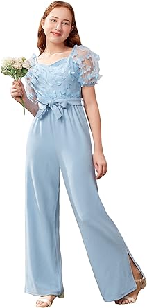 Photo 1 of WDIRARA Girl's Contrast Mesh Butterfly Embroidery Romper Short Puff Sleeve Jumpsuit 12-13Y