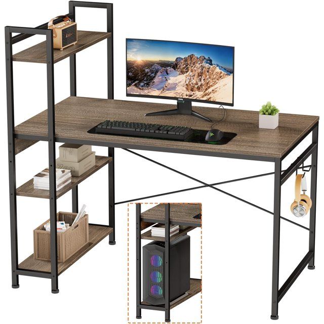 Photo 1 of Engriy Computer Desk with 4 Tier Shelves for Home Office, 47" Writing Study Table with Bookshelf and 2 Hooks, Multipurpose Industrial Wood Desk Workstation with Metal Frame for PC Laptop, Rustic Brown
