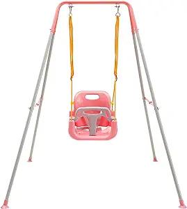 Photo 1 of FUNLIO 3-in-1 Toddler Swing Set with 4 Sandbags, Indoor/Outdoor Baby Swing with Foldable Metal Stand, Kids Swing Set for Backyard, Clear Instructions, Easy to Assemble & Store,Pink Pink 3-in-1 Swing Set