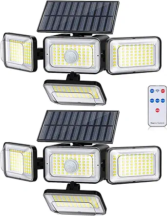 Photo 1 of Mokot Solar Outdoor Lights, IP65 Waterproof Motion Sensor Outdoor Lights with Remote Control, 4 Heads Solar Flood Wall Lights for Outside Yard Pack of 2