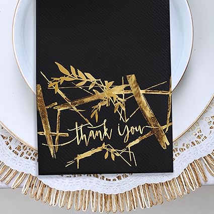 Photo 1 of Black and Gold Napkins for Wedding Reception, Soft and Absorbent Fancy Paper Napkins for Party 50-Pack, Disposable Dinner Napkins, Thank You Napkins, 3-Ply Fold, 12" x 17", Thick 55gsm