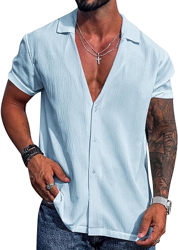 Photo 1 of Runcati Mens Cuban Shirt Casual Button Down Short Sleeve V Neck Regular Fit Lightweight Summer Beach Hippie Tops