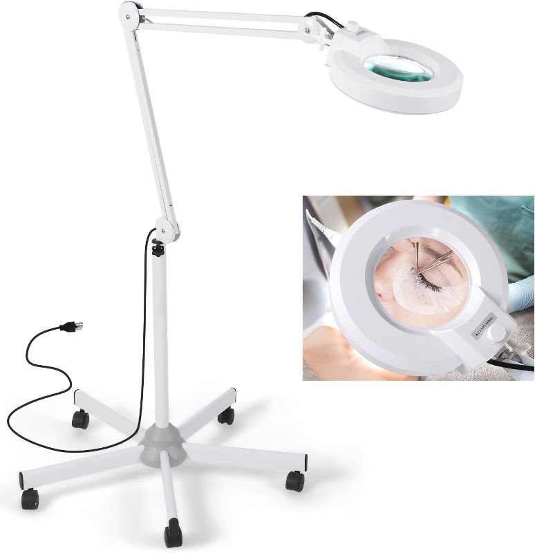 Photo 1 of Floor Lamp with 4 Wheel Rolling Base for Estheticians 2,200 Lumens LED Magnifier Lighted Glass Lens, Adjustable Stand & Swivel Arm Floor Lamp for Reading, Crafts, Tasks-White