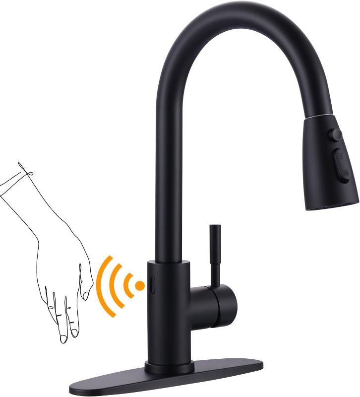 Photo 1 of WOWOW Touchless Kitchen Faucet with Sprayer, Smart Motion Sensor Matte Black Kitchen Sink Faucet, Stainless Steel Kitchen Faucet for Sink 1 or 3 Hole Single Handle Kitchen Tap
