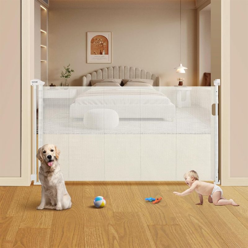 Photo 1 of VEVOR Retractable Baby Gates for Stairs, Extends up to 60" Wide, Mesh Dog Gate for The House, 34" Tall Child Safety Gates for Doorways, Hallways, Wide Pet Gate, Cat Gate Indoor & Outdoor, White
