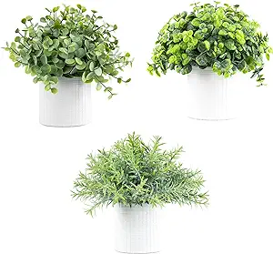 Photo 1 of AlpsuIay Mini Artificial Plants Indoor 3 Packs Plastic Eucalyptus Faux Potted Plants for Modern Farmhouse Home Farmhouse Bathroom Table Coffee Bar Living Room Accessories 