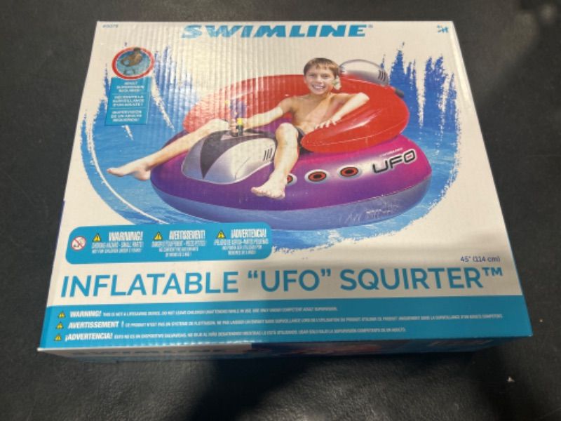 Photo 1 of SWIMLINE ORIGINAL Inflatable UFO Spaceship Pool Float Ride On With Fun Constant Flow Laser Ray Gun Water Squirter For Kids , Cool Retro Style, For Beach Ocean Pool Lake , Extra Thick Large Floatie Swimline UFO Spaceship Squirter