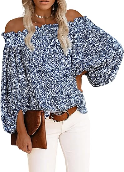 Photo 1 of BLENCOT Off The Shoulder Tops for Women Casual Floral Blouses Lantern Sleeves Chiffon Shirt Tops SIZE LARGE 
