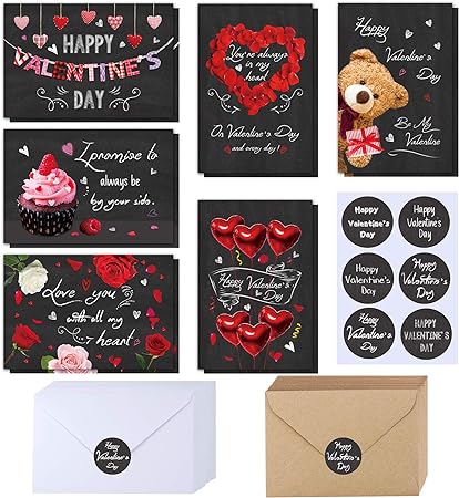 Photo 1 of 120 Sets Valentine's Day Cards with Envelopes Stickers Assortment Bulk 6 Designs of Blank Vintage Heart Bear Rose Chalkboard Valentines Cards Greeting Cards 4 x 6 for Her Him Valentine's Day
