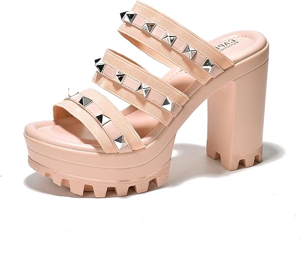 Photo 1 of Cape Robbin Tinley Platform Studded Heels for Women - Comfortable Chunky Block Heels for Women - Open Toe Platform Heels - Slip On Stylish Womens Heeled Sandals for a Fashionable Look SIZE 7