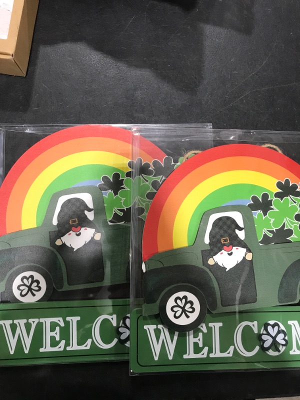 Photo 2 of 2 PACK St Patricks Day Decorations, DECSPAS Green Truck with Rainbow Hanging Welcome Sign St Patricks Day Door Decor for The Home, Shamrock Ornaments Saint Patricks Day Decorations for Front Door Porch Wall 