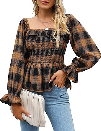 Photo 2 of BMJL Womens Flannel Shirts Square Neck Fall Shirts Buffalo Plaid Peplum Top Sexy Off The Shoulder Top Trendy XL