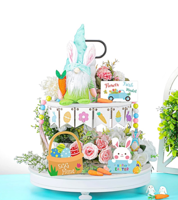 Photo 1 of 15 Pcs Easter Tiered Tray Decor Easter Bunny Easter Egg Easter Gnomes Plush Doll Table Centerpiece Wooden Signs Farmhouse Happy Spring Decoration for Indoor Home Kitchen Decor