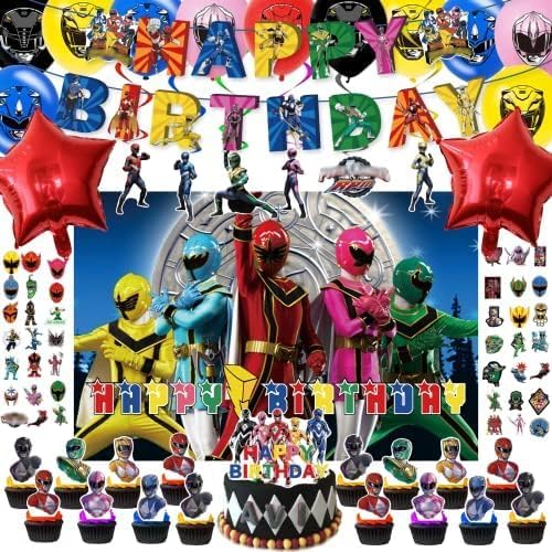 Photo 1 of 109 Pcs Poower Birthday Party Supplies, Birthday Decoration Includes Birthday Banners,Cake Toppers,Foil Balloon,Cupcake Toppers, Balloons, Backdrop, Hanging Swirls
