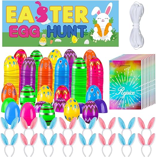 Photo 1 of 289 Pcs Easter Party Favors Easter Eggs Bulk Religious Easter Goodie Bag Stuffers Easter Gifts for Kids Bunny Ears Headband Easter Egg Hunt Backdrop Banner for Easter Party Supplies Decor