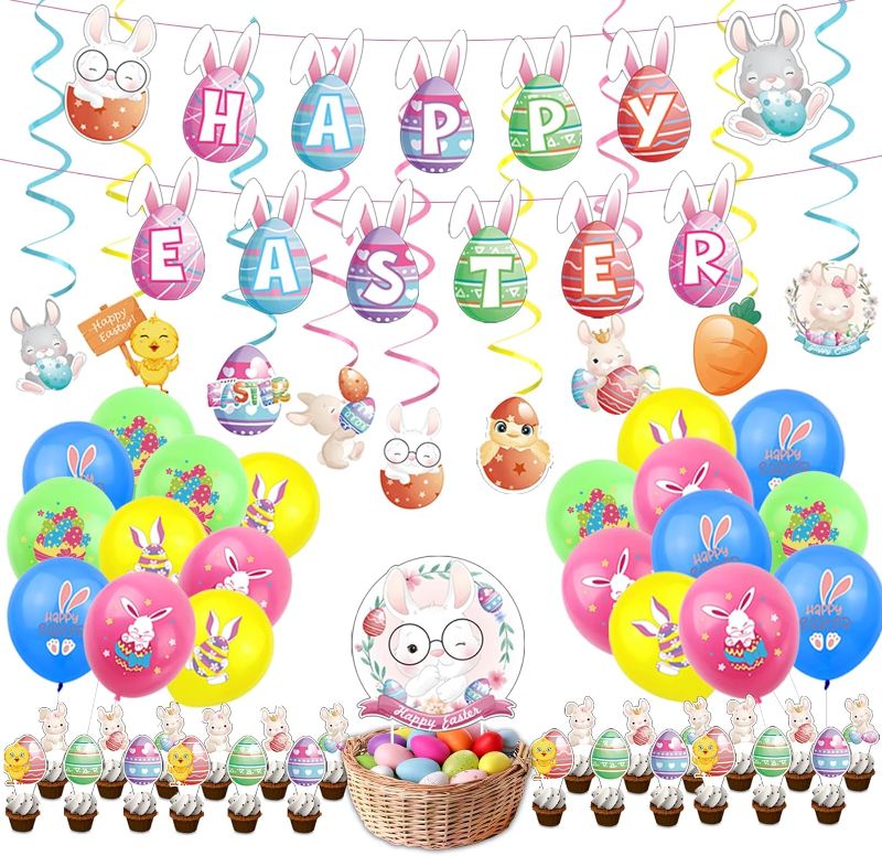 Photo 1 of 67 Pcs Happy Easter Party Decorations,with Latex Balloons & Hanging Swirls?Cupcake Toppers?Easter Egg Bunny Banner for Rabbit Themed Girl Birthday Party Supplies Easter Party Ornaments
