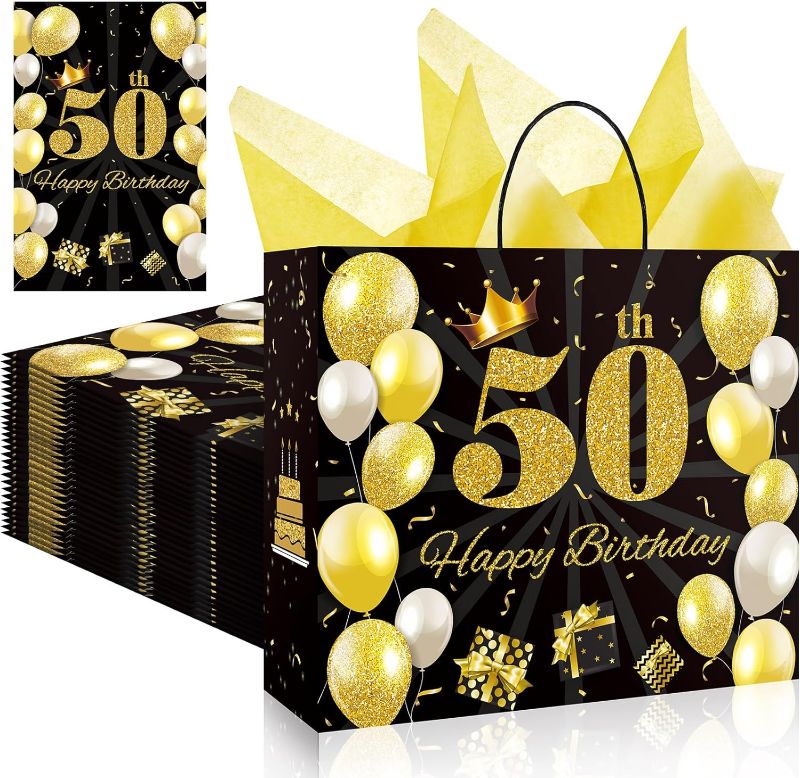 Photo 1 of 10 Sets 13inch Large Gift Bag with Greeting Card and Tissue Paper 50th 60th Happy Birthday Bag Birthday Gift Bag Black and Gold Gift Wrap Bags for Gift 50 Birthday 60 Birthday(50th)
