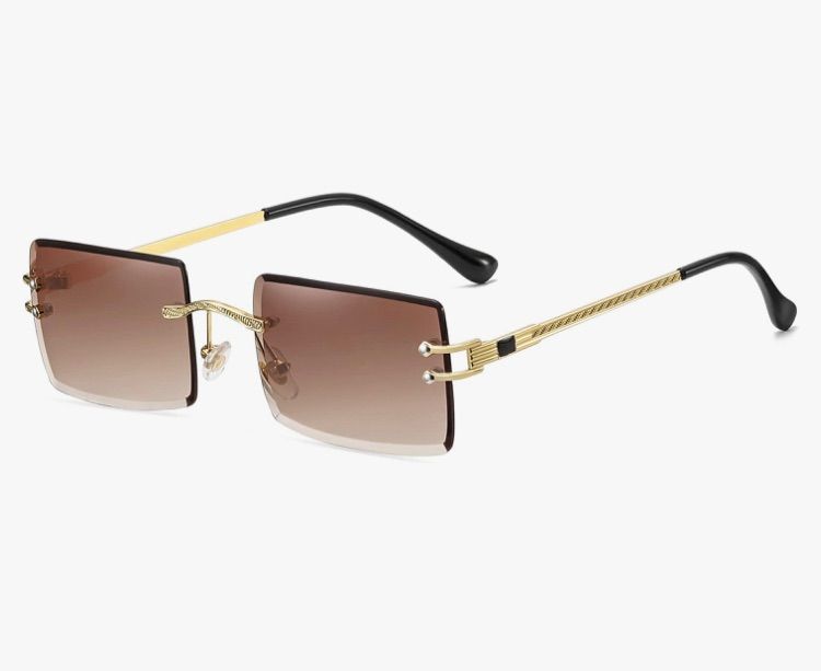 Photo 1 of AIEYEZO Fashion Rimless Rectangle Sunglasses Women Men Crystal Diamond Cut Square Lens Retro Modern Frameless Tinted Sunnies (Gold/Brown Gradient)