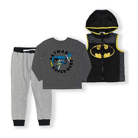 Photo 1 of Batman Toddler Boy Hooded Vest Long-Sleeve Graphic T-Shirt & Jogger Pants Outfit Set 3-Piece (2T-5T)
