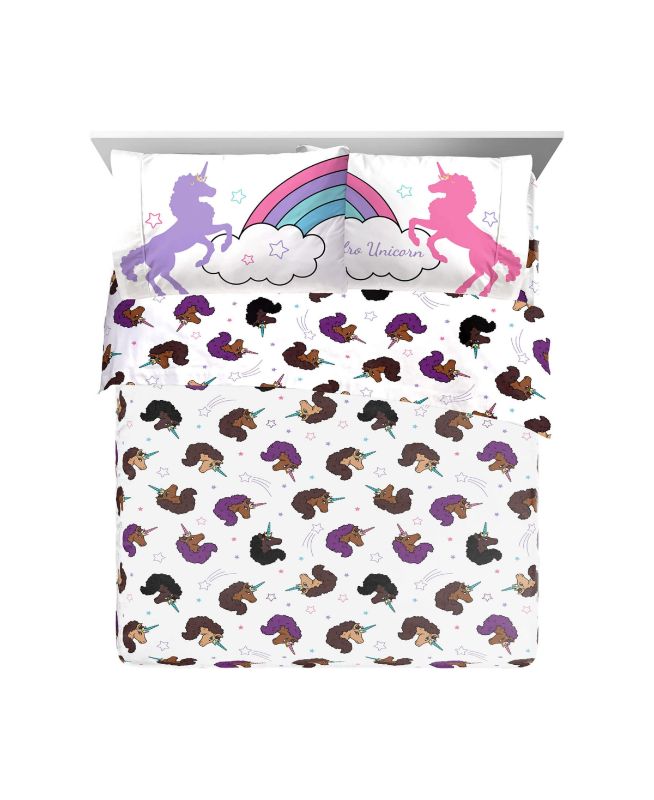 Photo 1 of Afro Unicorn Unique Divine Magical 4 Piece White Queen Sheet Set 100% Microfiber
