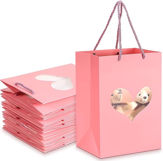 Photo 2 of 12 Pcs Valentine's Day Gift Bags with Handles Heart Shaped Paper Bags 9.84 X7.0 X5.12 Inches Gift Wrap Bag for Valentine's Day, Wedding Valentine Party Favors Anniversary(Pink)
