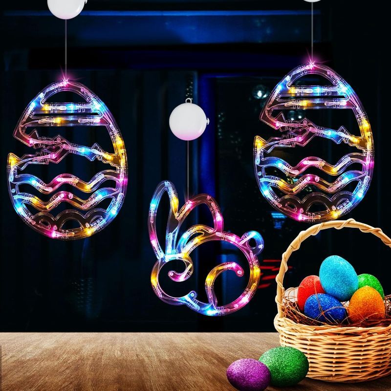 Photo 1 of Easter Window Lights,3 Pack Easter Bunny&Egg Shaped Multicolor Battery Operated Easter Hanging String Lights with Suction Cup&Timer for Easter Window Decorations, Indoor, Home, Wall Decor
