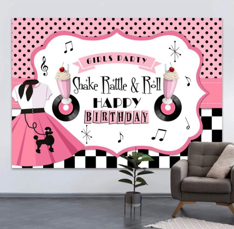 Photo 1 of 7x5ft Happy Birthday Backdrop for Sweet Girls Lady Theme Background Pink Grid Polka Dots Skirt Record Photography Shake Rallte Roll Girls Party Decoration Bday Banner Supplies Photo Studio Props