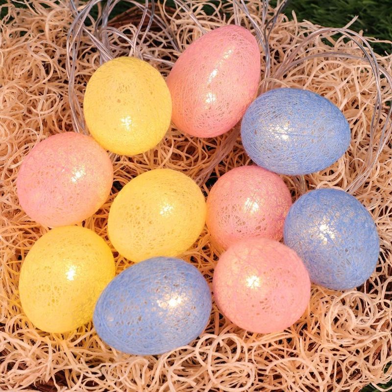 Photo 1 of Cotton Ball Easter Decoration Egg Lights of String 10FT Battery Operated with Remote USB Plug-in Powered Vintage Style Colorful for Easter Basket Tree Fireplace Favors Home
