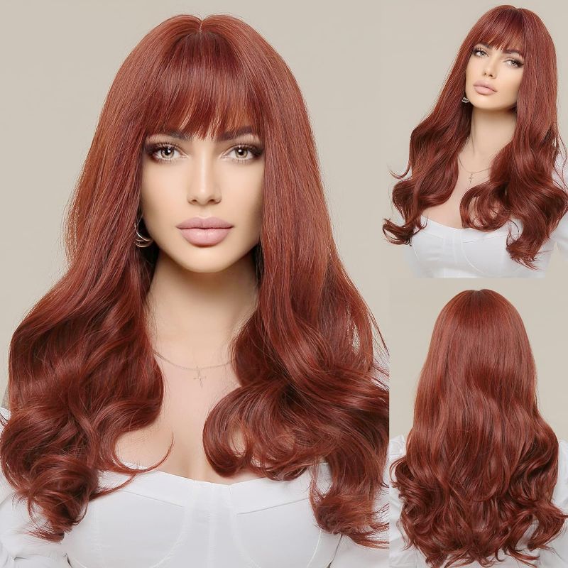 Photo 1 of Mohigirl Burgundy Wig With Bangs For Women Wine Red Wig Synthetic Body Wavy Wig Dark Roots Layered Hair Natural Heat Resistant Fiber Wig For Daily Cosplay Party Costume 24 Inch