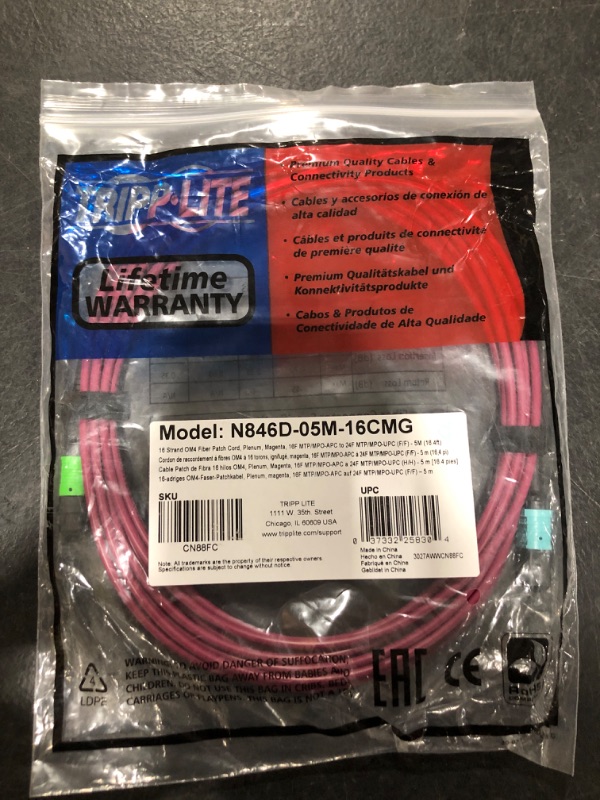 Photo 2 of Tripp Lite 400GB Ethernet Fiber Optic Cable, Multimode 50/125 OM4 Cable, Plenum Rated, 16F MTP/MPO-APC to 24F MTP/MPO-UPC (F/F), 5m, Magenta (N846D-05M-16CMG)