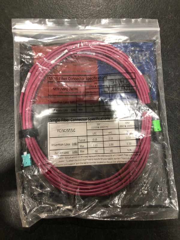 Photo 3 of Tripp Lite 400GB Ethernet Fiber Optic Cable, Multimode 50/125 OM4 Cable, Plenum Rated, 16F MTP/MPO-APC to 24F MTP/MPO-UPC (F/F), 5m, Magenta (N846D-05M-16CMG)