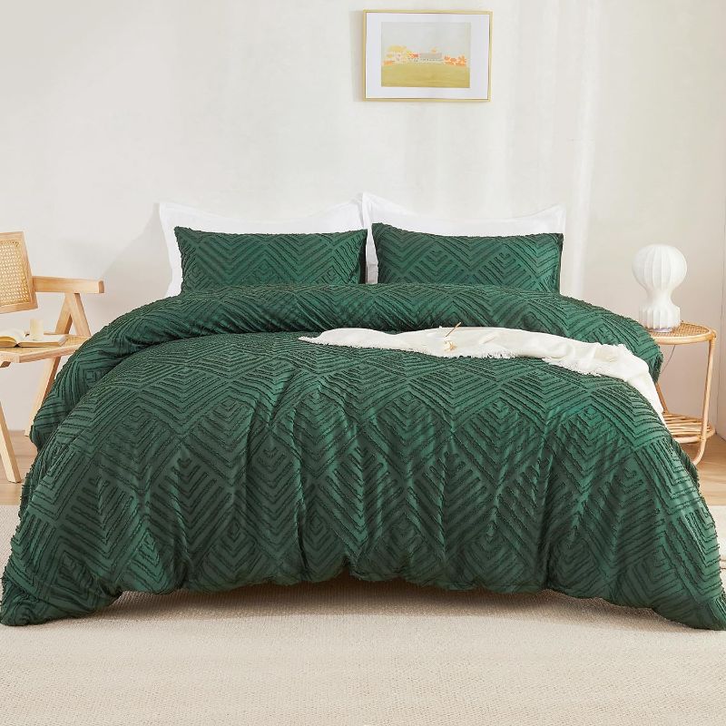 Photo 1 of  Emerald Green Queen Comforter Set, 3 Pieces Dark Green Tufted Boho Farmhouse Bedding Comforter Sets, Lightweight Fluffy Comforter Bed Set for All Season (90x90In Comforter and 2 Pillowcases)