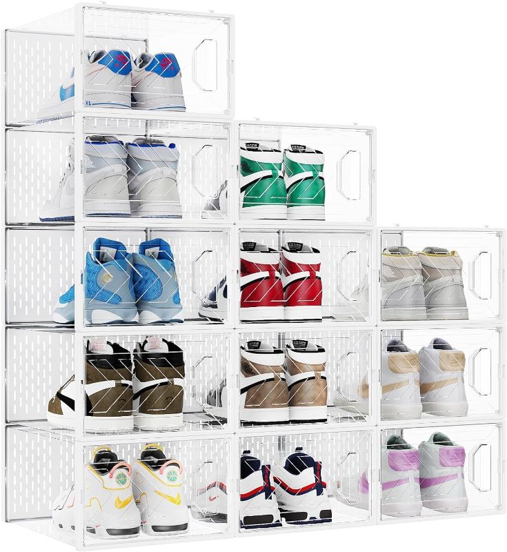 Photo 1 of 12 Pack Shoe Storage Box,Clear Plastic Stackable Shoe Organizer for Closet,Space Saving Foldable Shoe Holders, Easy Assembly Shoe Storage Cabinet Shoes Display Case Shoe Container Bins