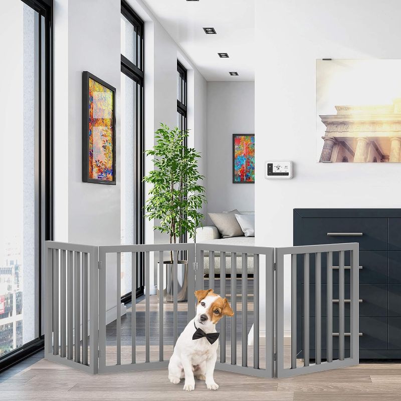 Photo 1 of Freestanding Pet Gate - Wooden Folding Fence for Doorways, Halls, Stairs & Home - Step Over Divider - Great for Dogs & Puppies,Gray