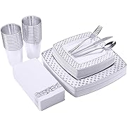 Photo 1 of 175 Piece Silver Dinnerware Set 25 Guest-50 Diamond Square Plastic Plates-25 Silver Plastic Silverware-25 Silver Plastic Cups-25 Silver Paper Napkins, FOCUSLINE Disposable Dinnerware Set
