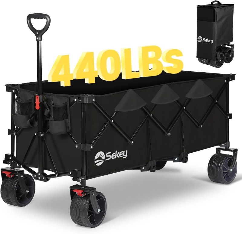 Photo 1 of Collapsible Foldable Extended Wagon with 440lbs Weight Capacity, Heavy Duty 300L Folding Utility Garden Cart with Big All-Terrain Beach Wheels & Drink Holders. Black