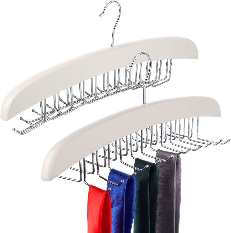 Photo 1 of 2 Pieces Belt Hanger Organizer for Closet Wooden 24 Belt Hooks Tie Belt Storage Tie Holder Belt Rack Hanging Organizer Accessories for Men Women (White)

