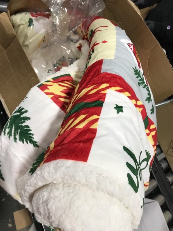 Photo 2 of 3 Pieces Heavy Thick Flannel Christmas Blanket Set King Size, Red Green Colorful Patchwork Festival