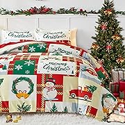 Photo 1 of 3 Pieces Heavy Thick Flannel Christmas Blanket Set King Size, Red Green Colorful Patchwork Festival