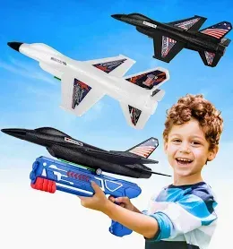 Photo 1 of 2 Pack Airplane Launcher Toy, 13.3" Jet F-16 Fighting Falcon, Catapult Plane Game Boy Toys for Kids Outdoor Flying Toys Birthday Gifts for 4 5 6 7 8 9 10 12 Year Old Boys Girls Black+white