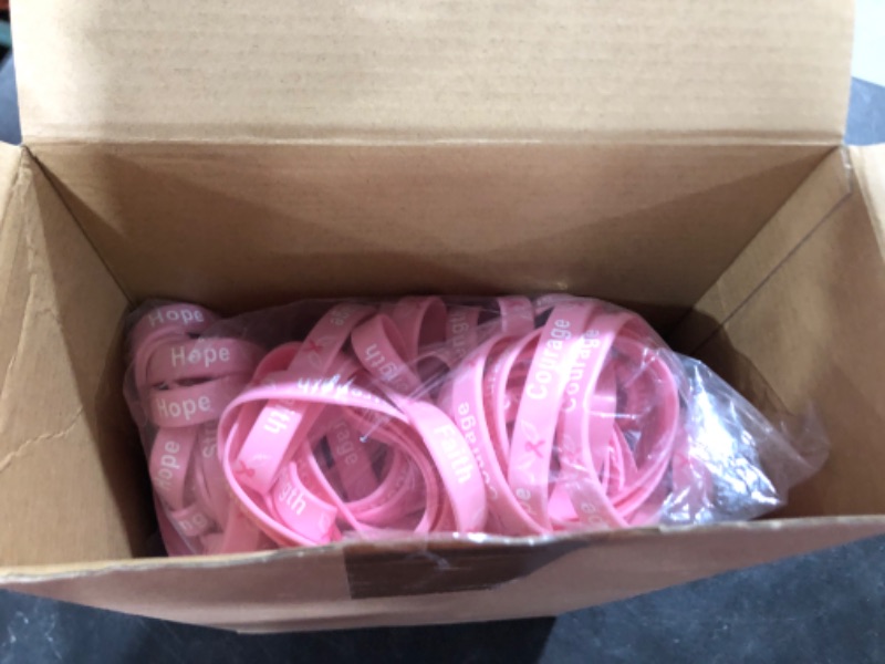 Photo 2 of SATINIOR 240 Pcs Breast Cancer Awareness Accessories 120 Pink Ribbon Bracelets 120 Ribbon Ballpoint Pen Breast Cancer Awareness Items Inspiring Wristbands for Charity Recognition Public Fundraiser