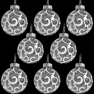 Photo 1 of 12 Pack White Swirl Christmas Ornaments Shatterproof Plastic 3.15"/80mm Clear Ball Ornaments Decorated with White Glitter for Christmas Tree Decorations by 4E's Novelty