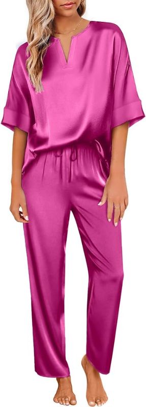 Photo 1 of Ekouaer Satin Pajama Set Womens Silk Short Sleeve V Neck Shirt with Long Pant Soft Loungewear Pjs Set SIZE L