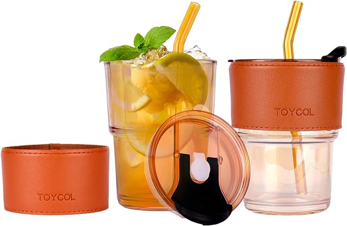 Photo 1 of 13.5oz Glass Tumbler Coffee Cups with Straw and Lid Reusable Travel Iced Coffee Smoothies Cups Amber Glasses Drinking Glass Cups with Leather Band for Hot & Cold Beverages