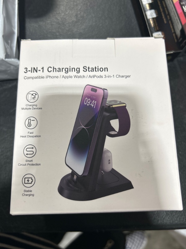 Photo 2 of Charging Station for Apple Multiple Devices,3 in 1 Fast Charging Station Stand for iPhone 14/13/12/11/Pro/Max/Plus,for Airpods,Fast Wireless Charger for Apple Watch 8/7/6/SE/5/4/3/2 with Adapter Black