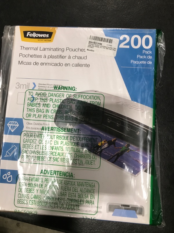 Photo 2 of Fellowes Thermal Laminating Pouches, 3mil Letter Size Sheets, 9 x 11.5, 200 Pack, Clear (5743401)