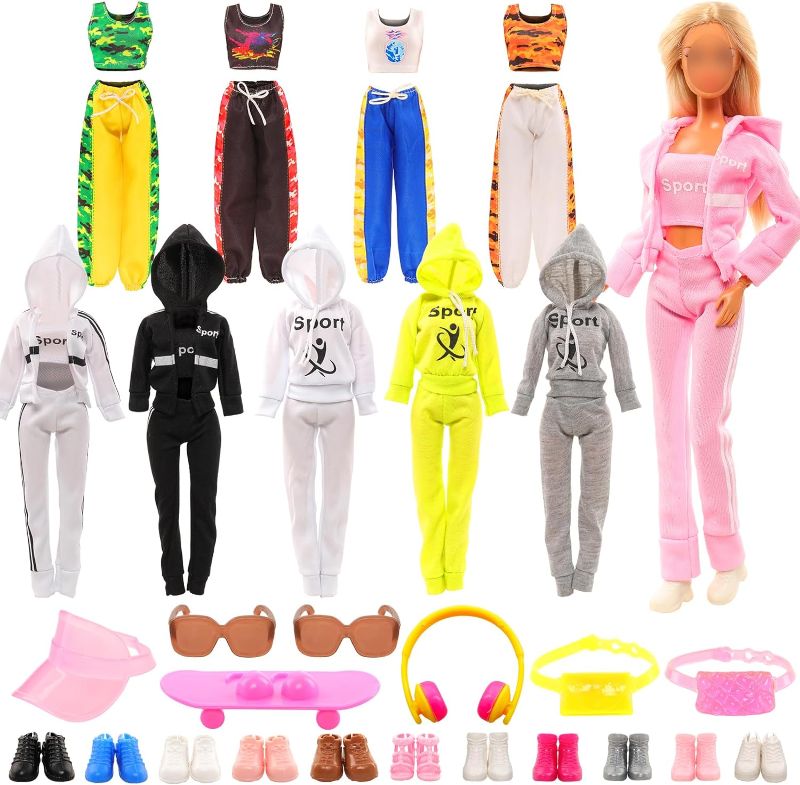 Photo 1 of 16 Pcs Doll Clothes and Accessories Including Multiple Styles Sports Suit Tops Pants Sun Hat Pocket Scooter Sunglasses Headset with 5 Shoes for 11.5 inch Girl Dolls 
