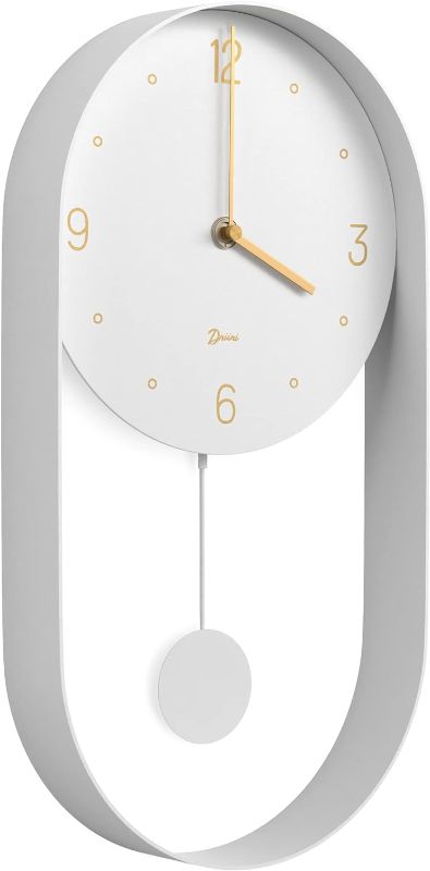 Photo 1 of Driini Modern Pendulum Wall Clock - Decorative and Unique Metal Frame, with 8 Inch Face - Contemporary, Minimalist Design, with Silent Non Ticking Operation - Includes Both White and Gold Pendelum