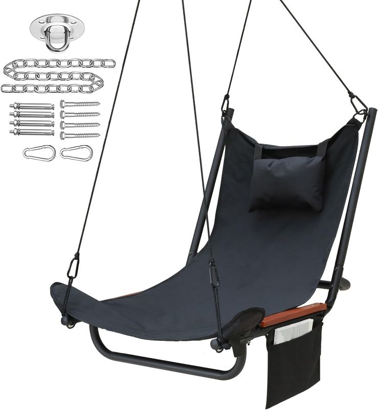 Photo 1 of Leize Hammock Chair with footrest, Hammock Chair and Metal Bracket, Outdoor Hammock Chair with Side Pocket, Support Pillow, Maximum Capacity of 300lbs, Black (2024 New)…

